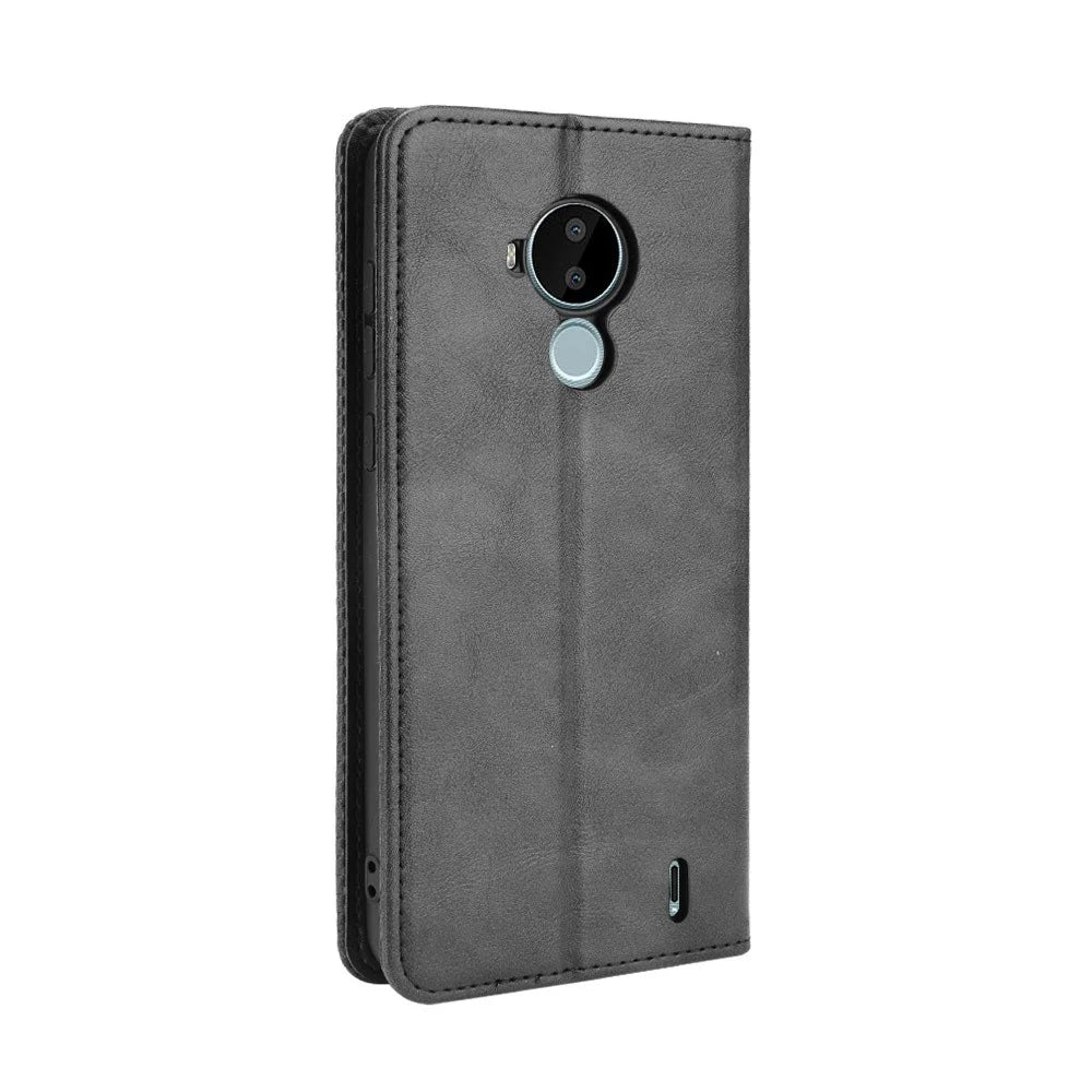 For Nokia C30 Retro Textured Surface Phone Leather Case Shockproof Leather Phone Wallet Stand Cover - Black - 3