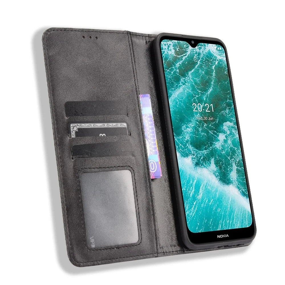 For Nokia C30 Retro Textured Surface Phone Leather Case Shockproof Leather Phone Wallet Stand Cover - Black - 4