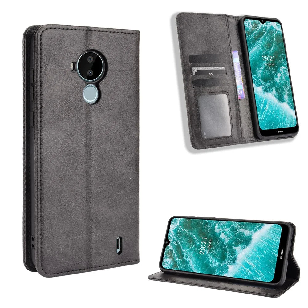 For Nokia C30 Retro Textured Surface Phone Leather Case Shockproof Leather Phone Wallet Stand Cover - Black - 7