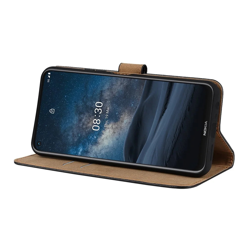 Genuine Leather Phone Protector Dual-Sided Magnetic Clasp Anti-Drop Wallet Card Slot Stand Phone Case for Nokia 8.3 5G - 5