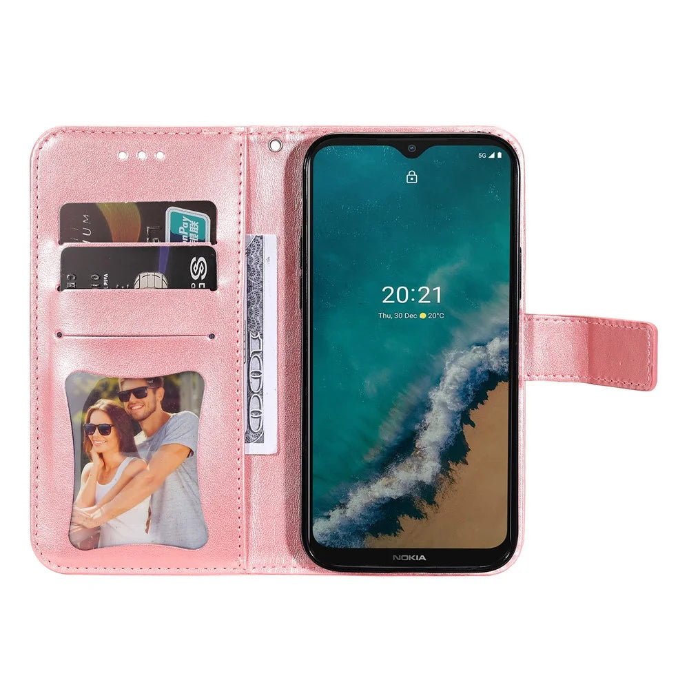 Dual-sided Clasp Phone Cover Imprint Flower Pattern Stylish Anti-fall PU Leather Stand Wallet Shell Case with Lanyard for Nokia G50 5G - Rose Gold - 4