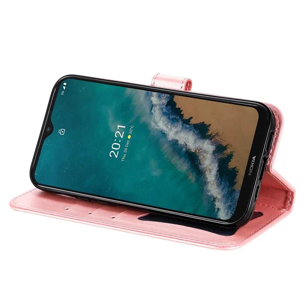 Dual-sided Clasp Phone Cover Imprint Flower Pattern Stylish Anti-fall PU Leather Stand Wallet Shell Case with Lanyard for Nokia G50 5G - Rose Gold - 5