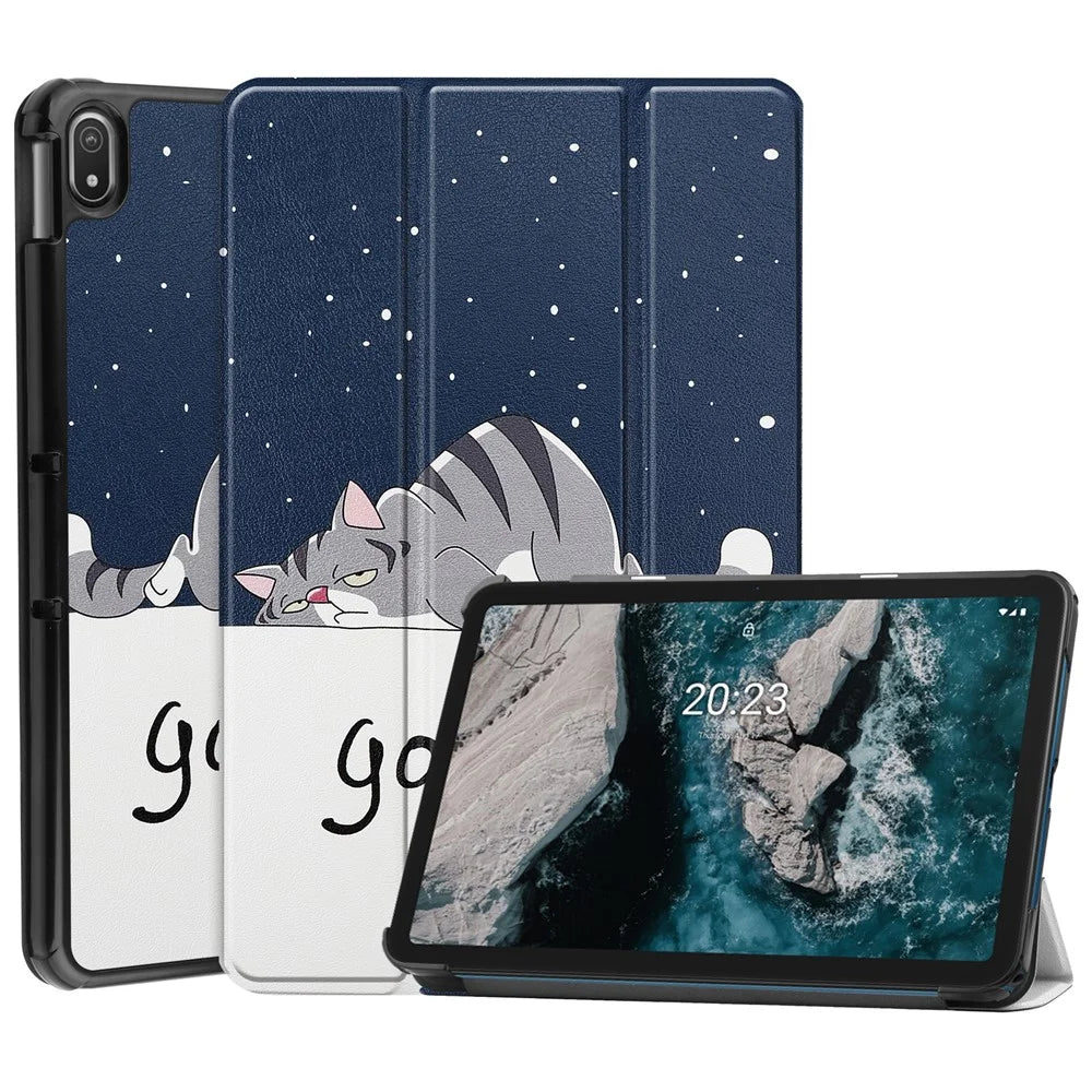 Pattern Printing Shockproof Hard PC + PU Leather Tablet Cover with Tri-fold Stand for Nokia T20 - Good Night Cat - 1