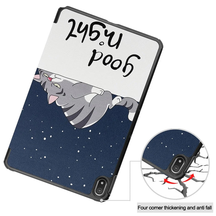Pattern Printing Shockproof Hard PC + PU Leather Tablet Cover with Tri-fold Stand for Nokia T20 - Good Night Cat - 7