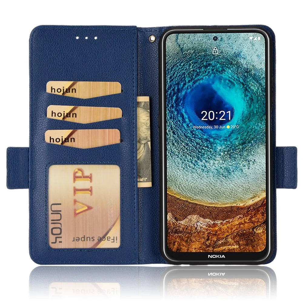 For Nokia X100 / X10 / X20 PU Leather Flip Folio Cover Litchi Texture Wallet Stand Soft TPU Protective Interior Case - Dark Blue - 4
