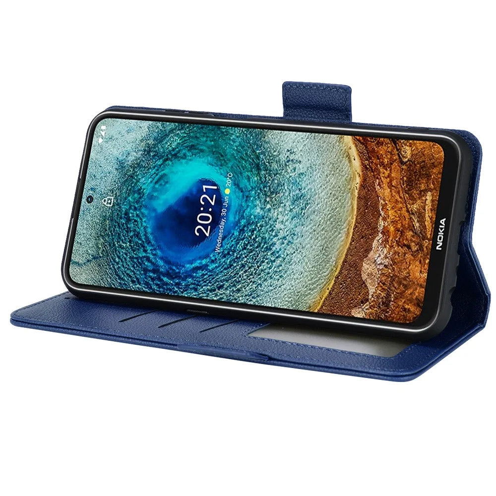 For Nokia X100 / X10 / X20 PU Leather Flip Folio Cover Litchi Texture Wallet Stand Soft TPU Protective Interior Case - Dark Blue - 5