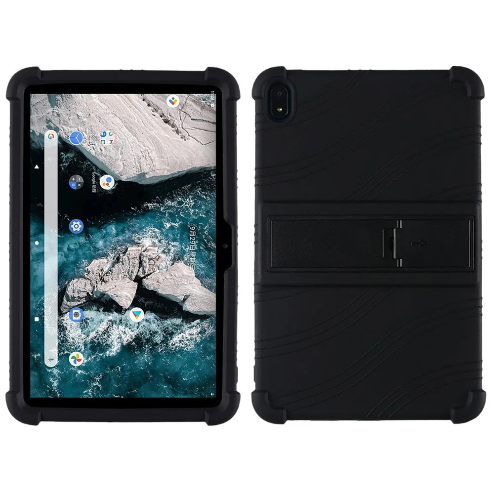 Flexible Silicone Tablet Shell for Nokia T20 Cover with Foldable Supporting Kickstand - Black - 1