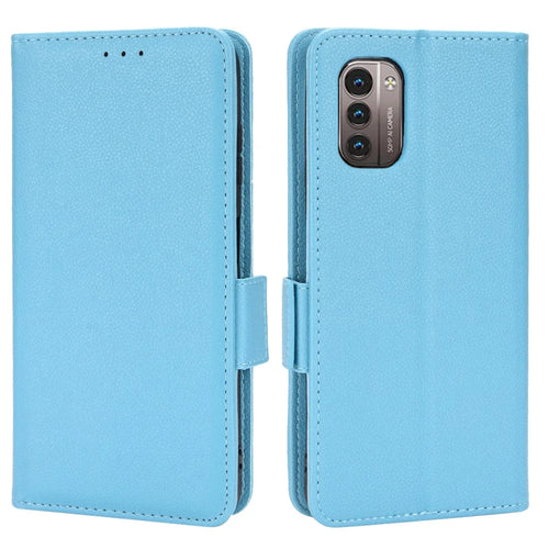 For Nokia G11/G21 Litchi Texture PU Leather All-round Shockproof Smartphone Case Shell Anti-drop Stand Wallet Cover - Baby Blue - 1