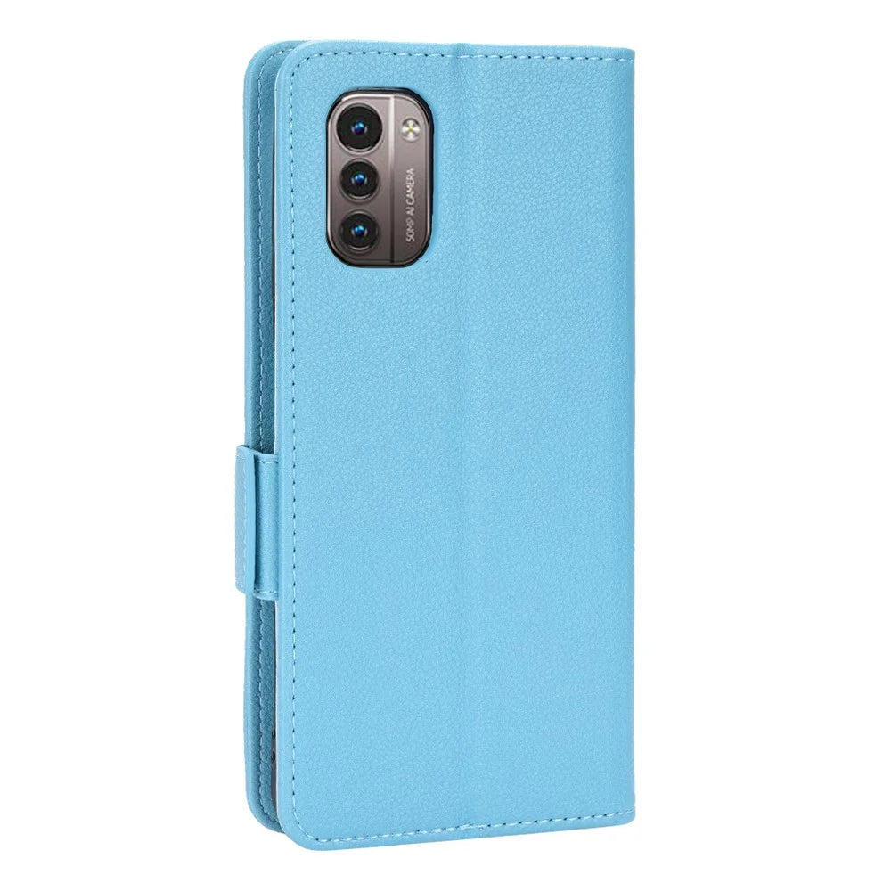 For Nokia G11/G21 Litchi Texture PU Leather All-round Shockproof Smartphone Case Shell Anti-drop Stand Wallet Cover - Baby Blue - 3