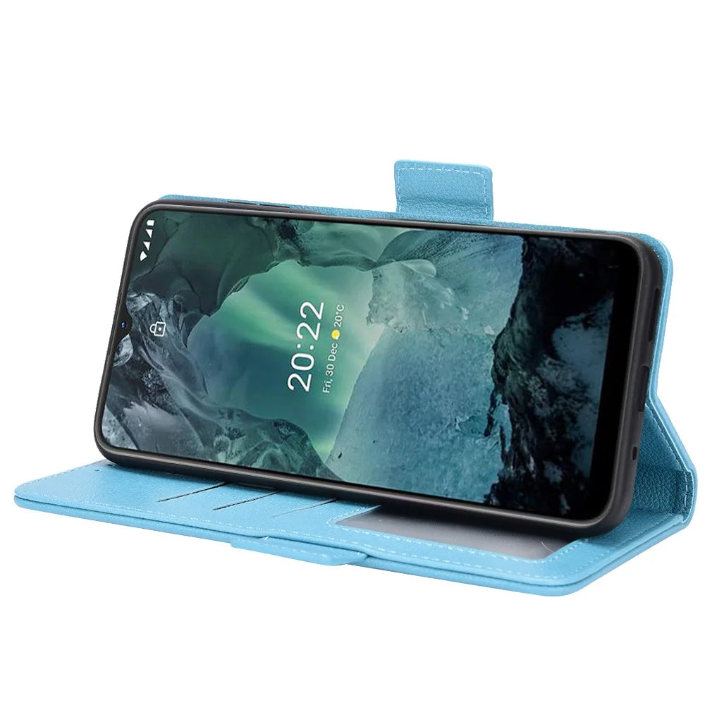 For Nokia G11/G21 Litchi Texture PU Leather All-round Shockproof Smartphone Case Shell Anti-drop Stand Wallet Cover - Baby Blue - 4