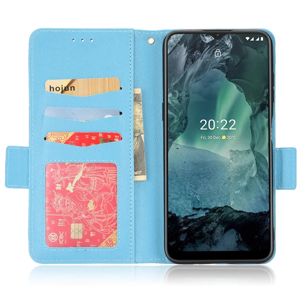 For Nokia G11/G21 Litchi Texture PU Leather All-round Shockproof Smartphone Case Shell Anti-drop Stand Wallet Cover - Baby Blue - 5