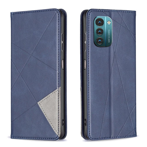 For Nokia G21 / G11 Anti-Scratch Anti-Drop Splicing Rhombus-Like Imprinting PU Leather Case Stand Magnetic Shell Cover with Card Slots - Blue - 1