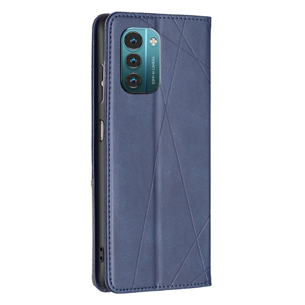 For Nokia G21 / G11 Anti-Scratch Anti-Drop Splicing Rhombus-Like Imprinting PU Leather Case Stand Magnetic Shell Cover with Card Slots - Blue - 3