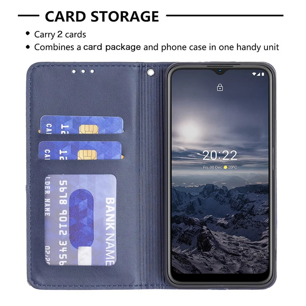 For Nokia G21 / G11 Anti-Scratch Anti-Drop Splicing Rhombus-Like Imprinting PU Leather Case Stand Magnetic Shell Cover with Card Slots - Blue - 4