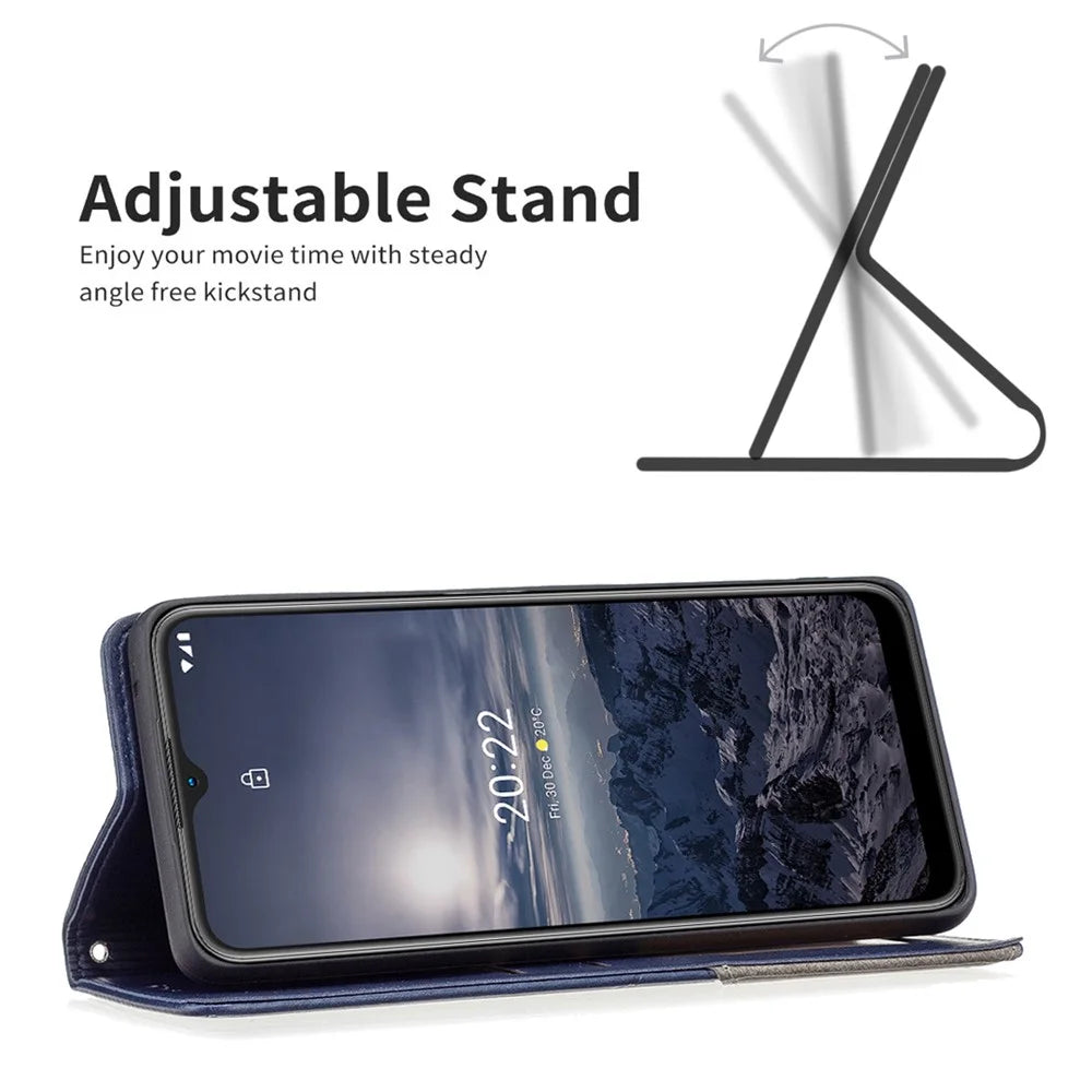 For Nokia G21 / G11 Anti-Scratch Anti-Drop Splicing Rhombus-Like Imprinting PU Leather Case Stand Magnetic Shell Cover with Card Slots - Blue - 5