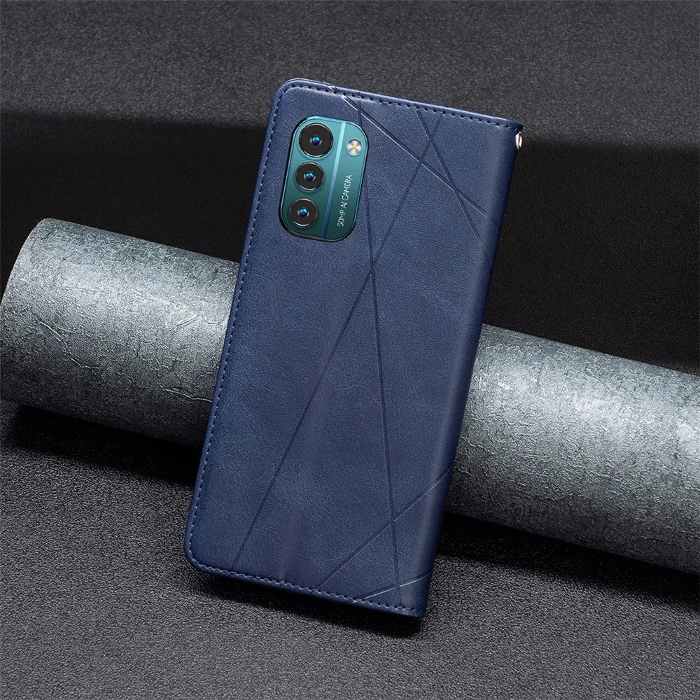 For Nokia G21 / G11 Anti-Scratch Anti-Drop Splicing Rhombus-Like Imprinting PU Leather Case Stand Magnetic Shell Cover with Card Slots - Blue - 7