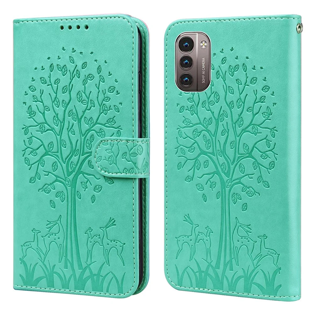 For Nokia G11/G21 Wallet Phone Case Imprinted Deer Tree Pattern PU Leather Magnetic Closure Shockproof Stand Flip Cover - Green - 1