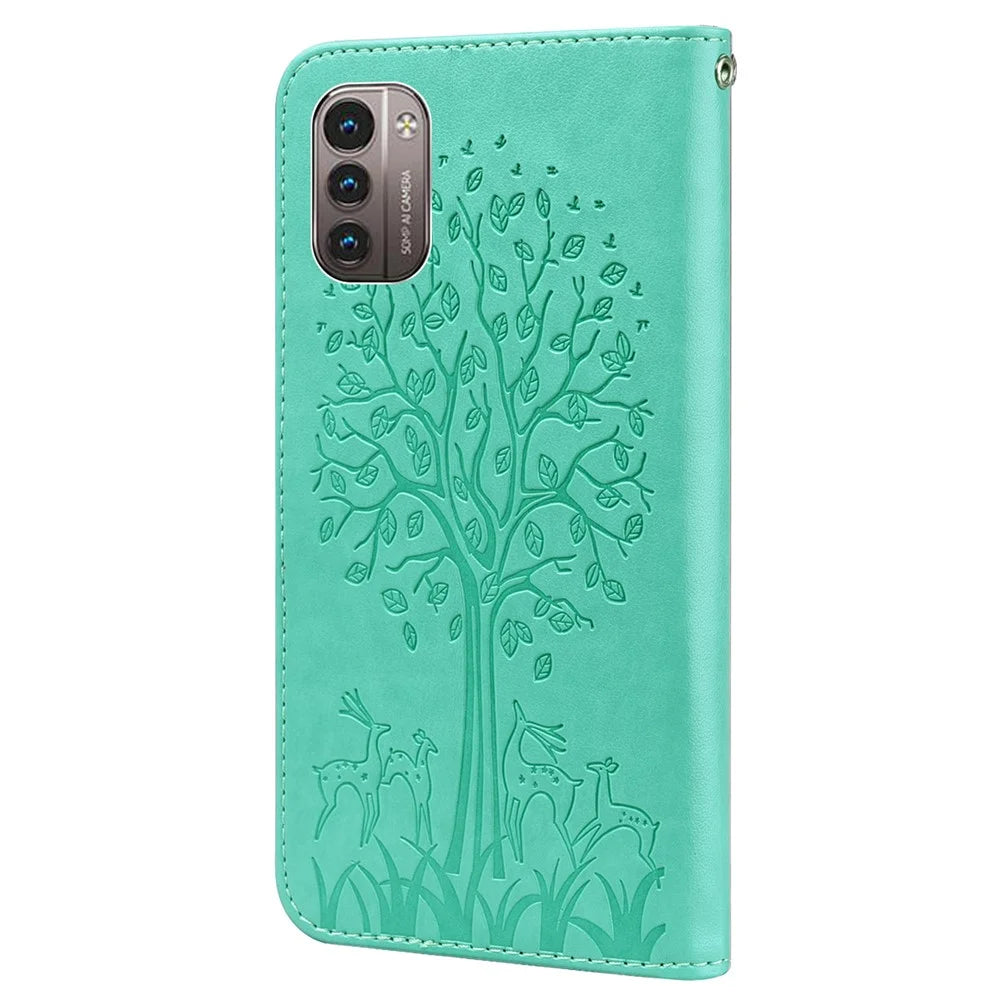 For Nokia G11/G21 Wallet Phone Case Imprinted Deer Tree Pattern PU Leather Magnetic Closure Shockproof Stand Flip Cover - Green - 3