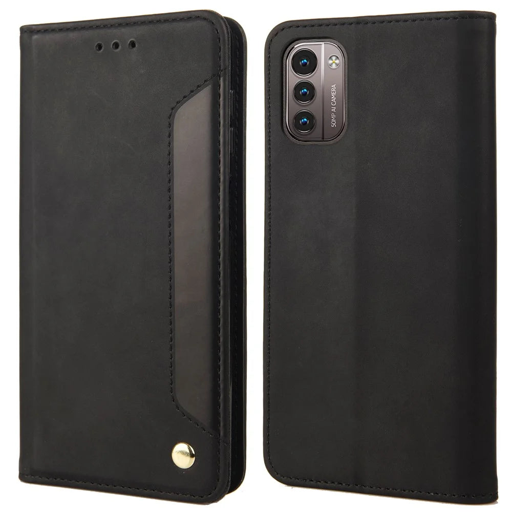 Business Style Wallet Phone Case for Nokia G21 Shockproof Stand Folio Flip Cover Splicing Leather Shell with Wallet - Black - 1