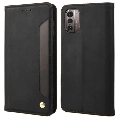 Business Style Wallet Phone Case for Nokia G21 Shockproof Stand Folio Flip Cover Splicing Leather Shell with Wallet - Black - 1