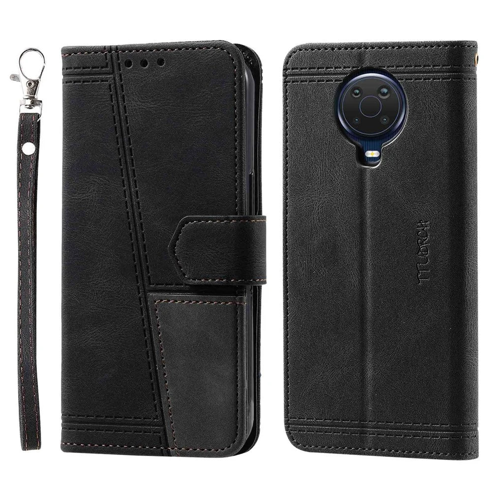 TTUDRCH Splicing Wallet Case for Nokia G20, RFID Blocking 004 Skin-touch Leather RFID Blocking Stand Shockproof Inner TPU Phone Cover with Strap - Black - 1