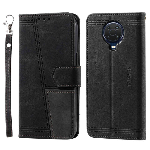 TTUDRCH Splicing Wallet Case for Nokia G20, RFID Blocking 004 Skin-touch Leather RFID Blocking Stand Shockproof Inner TPU Phone Cover with Strap - Black - 1