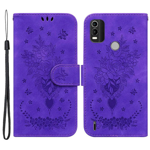 For Nokia C21 Plus All-round Shockproof Flip Folio Case Imprinting Roses Butterflies Phone Cover PU Leather Wallet Stand with Strap - Purple - 1