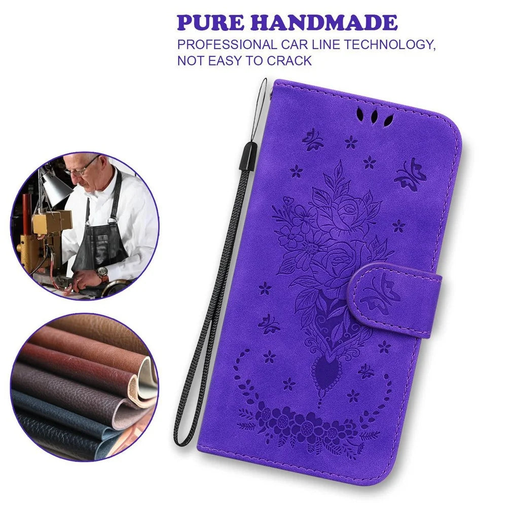 For Nokia C21 Plus All-round Shockproof Flip Folio Case Imprinting Roses Butterflies Phone Cover PU Leather Wallet Stand with Strap - Purple - 5