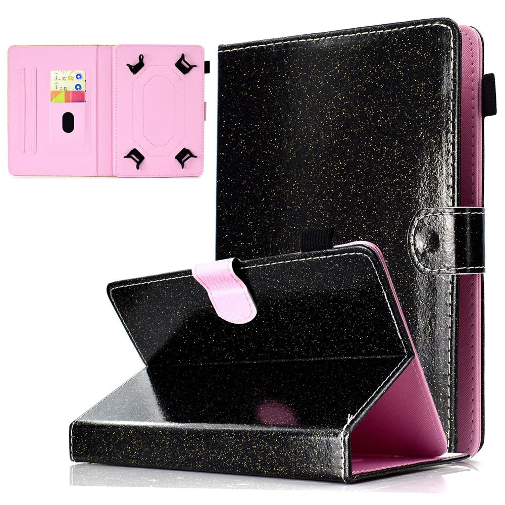 Flash Powder Tablet Case Decorated with Stitching Line Universal Leather Stand Case with Card Slots for Tablets within 10-inch - Black - 1