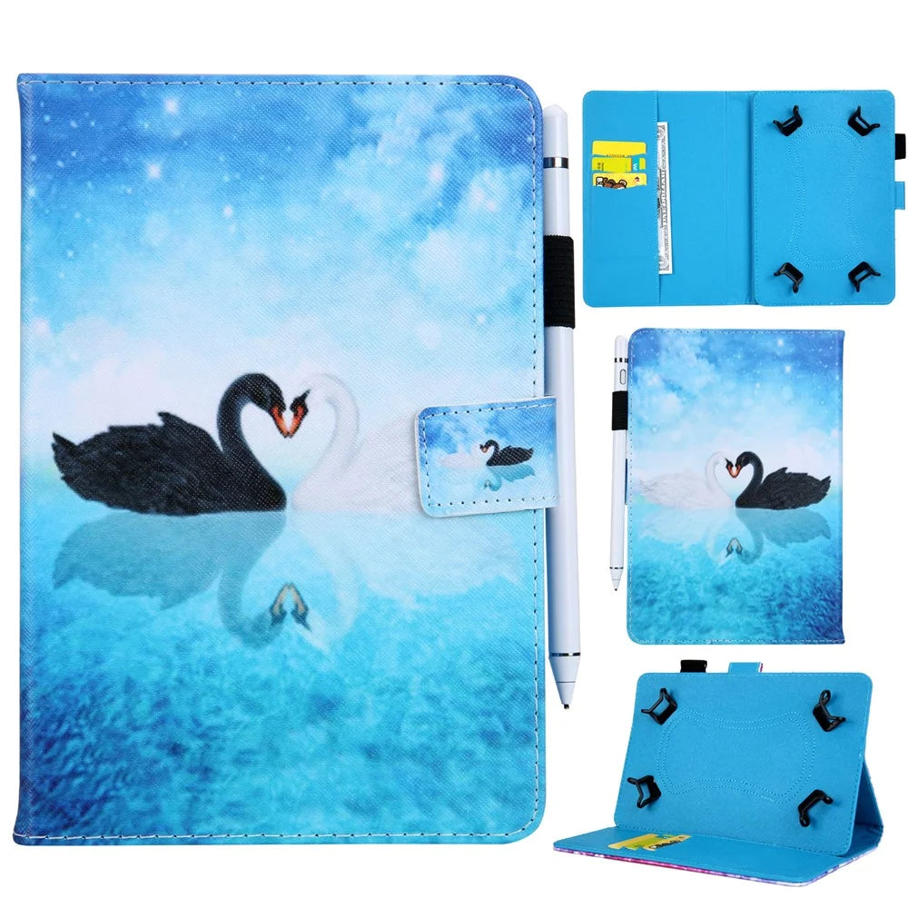 Universal 8-inch Patterned PU Leather Wallet Protective Case for Tablet PC - Swans - 1