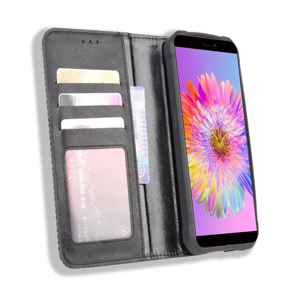 Auto-absorbed Retro PU Leather Shell Wallet Cell Phone Cover for Oukitel WP5 - Black - 5