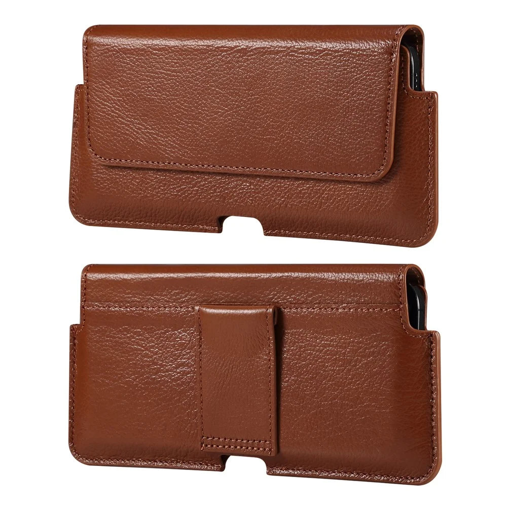 Leather Cover Phone Pouch for iPhone 12 / 12 Pro / Samsung Galaxy S21 / S20 Waist Bag Belt Case Clip Holster - Brown - 1