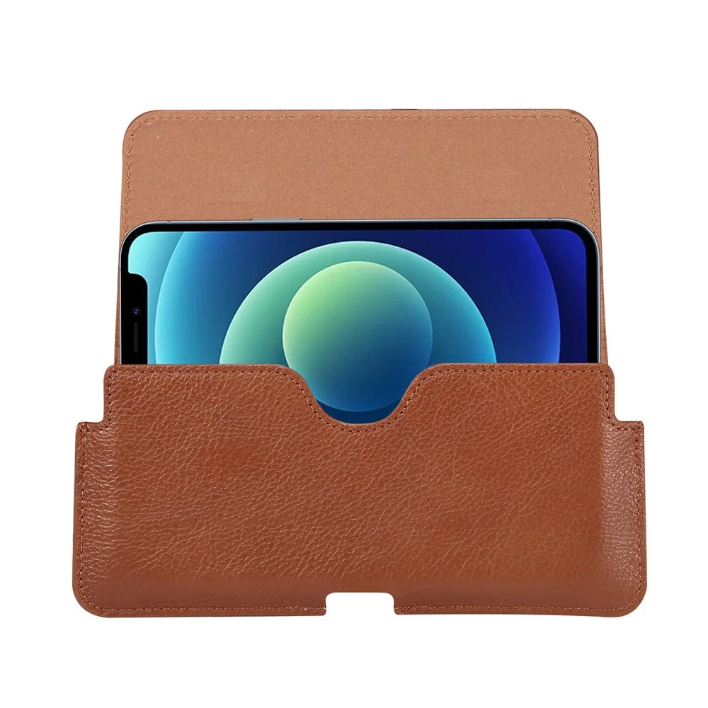 Leather Cover Phone Pouch for iPhone 12 / 12 Pro / Samsung Galaxy S21 / S20 Waist Bag Belt Case Clip Holster - Brown - 6