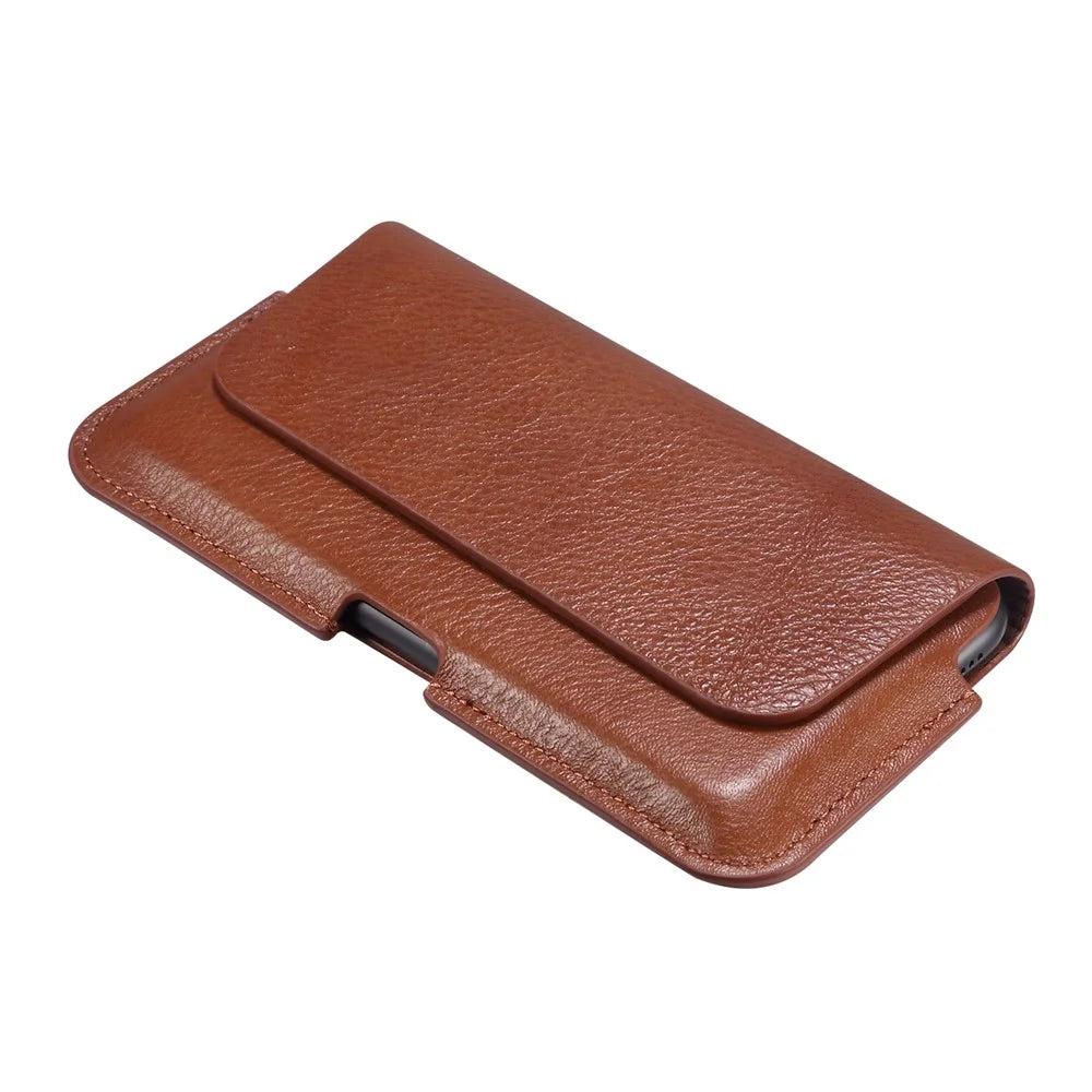 Universal Vertical Flip Leather Phone Pouch Cover Waist Holster Bag Belt Case for iPhone 12 Pro Max 6.7 inch Phone - Brown - 5