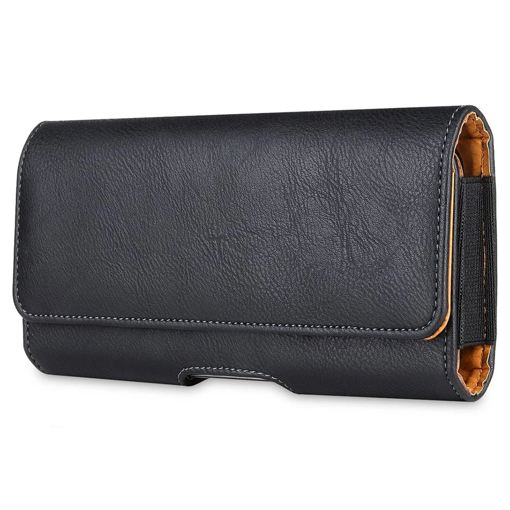 Phone Holster (17.8x8.8x2.5cm) Horizontal Waist Pouch Premium Leather Belt Case with Belt Clip Loops - Black - 2