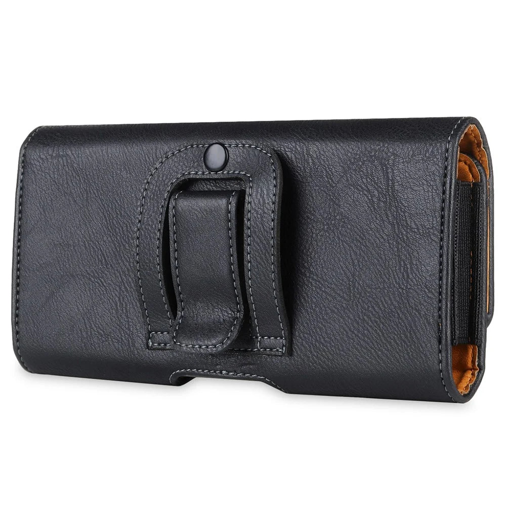 Phone Holster (17.8x8.8x2.5cm) Horizontal Waist Pouch Premium Leather Belt Case with Belt Clip Loops - Black - 3
