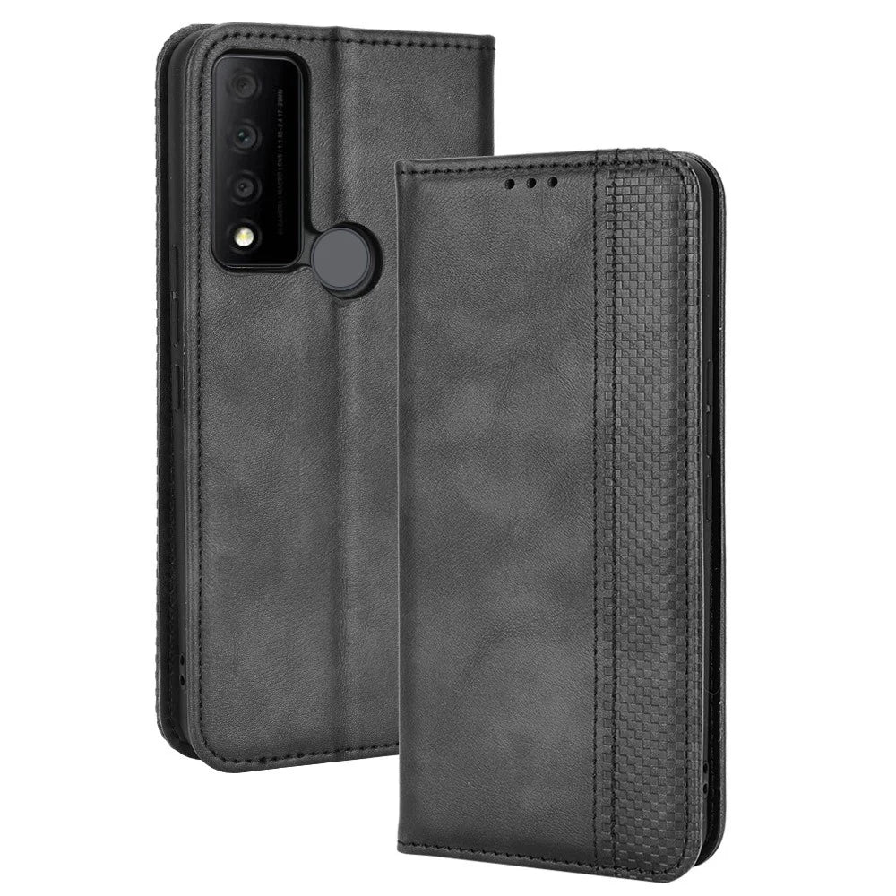 For TCL 30 V 5G/30 XE 5G Retro Leather Magnetic Anti-fall Shell Mosaic Imprinted Wallet Style Stand Folio Cover - Black - 1