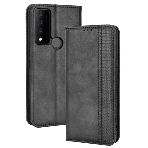 For TCL 30 V 5G/30 XE 5G Retro Leather Magnetic Anti-fall Shell Mosaic Imprinted Wallet Style Stand Folio Cover - Black - 1
