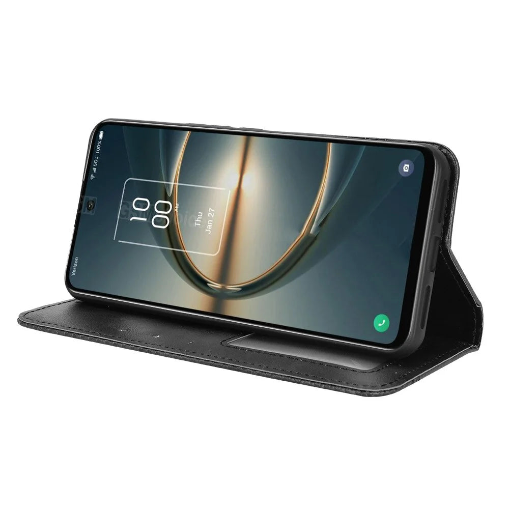 For TCL 30 V 5G/30 XE 5G Retro Leather Magnetic Anti-fall Shell Mosaic Imprinted Wallet Style Stand Folio Cover - Black - 3
