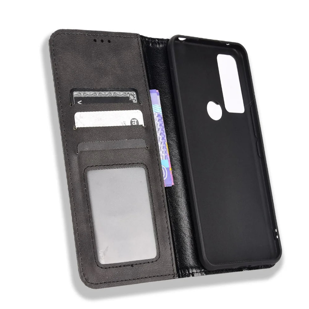 For TCL 30 V 5G/30 XE 5G Retro Leather Magnetic Anti-fall Shell Mosaic Imprinted Wallet Style Stand Folio Cover - Black - 7