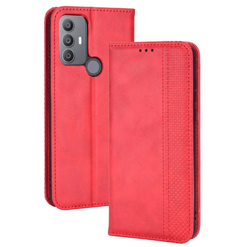 For TCL 30 SE/30E/306/305/Sharp Aquos V6/V6 Plus Anti-shock Retro Leather Magnetic Cover Mosaic Imprinted Wallet Style Stand Well-protected Shell - Red - 1
