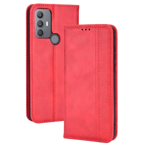 For TCL 30 SE/30E/306/305/Sharp Aquos V6/V6 Plus Anti-shock Retro Leather Magnetic Cover Mosaic Imprinted Wallet Style Stand Well-protected Shell - Red - 1