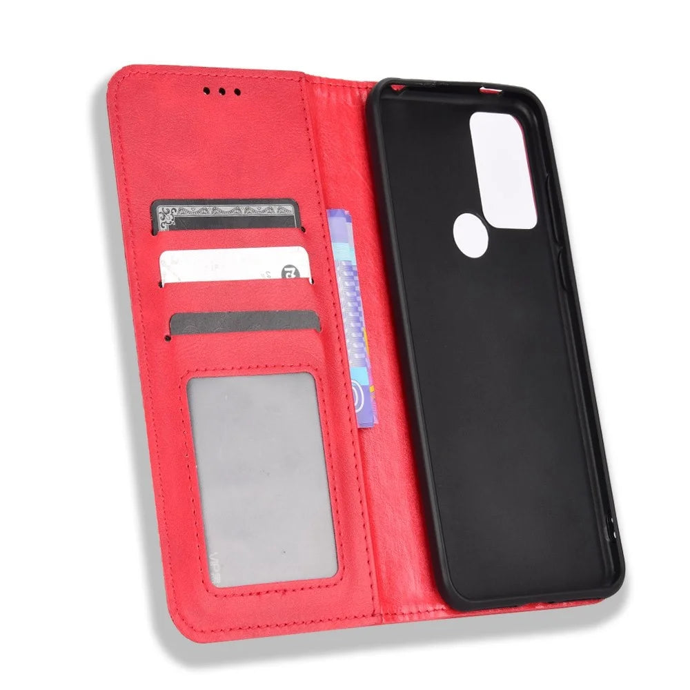 For TCL 30 SE/30E/306/305/Sharp Aquos V6/V6 Plus Anti-shock Retro Leather Magnetic Cover Mosaic Imprinted Wallet Style Stand Well-protected Shell - Red - 5