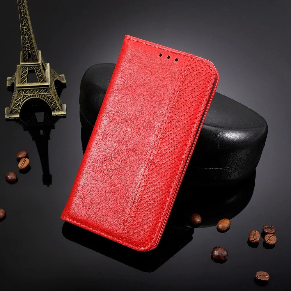 For TCL 30 SE/30E/306/305/Sharp Aquos V6/V6 Plus Anti-shock Retro Leather Magnetic Cover Mosaic Imprinted Wallet Style Stand Well-protected Shell - Red - 6