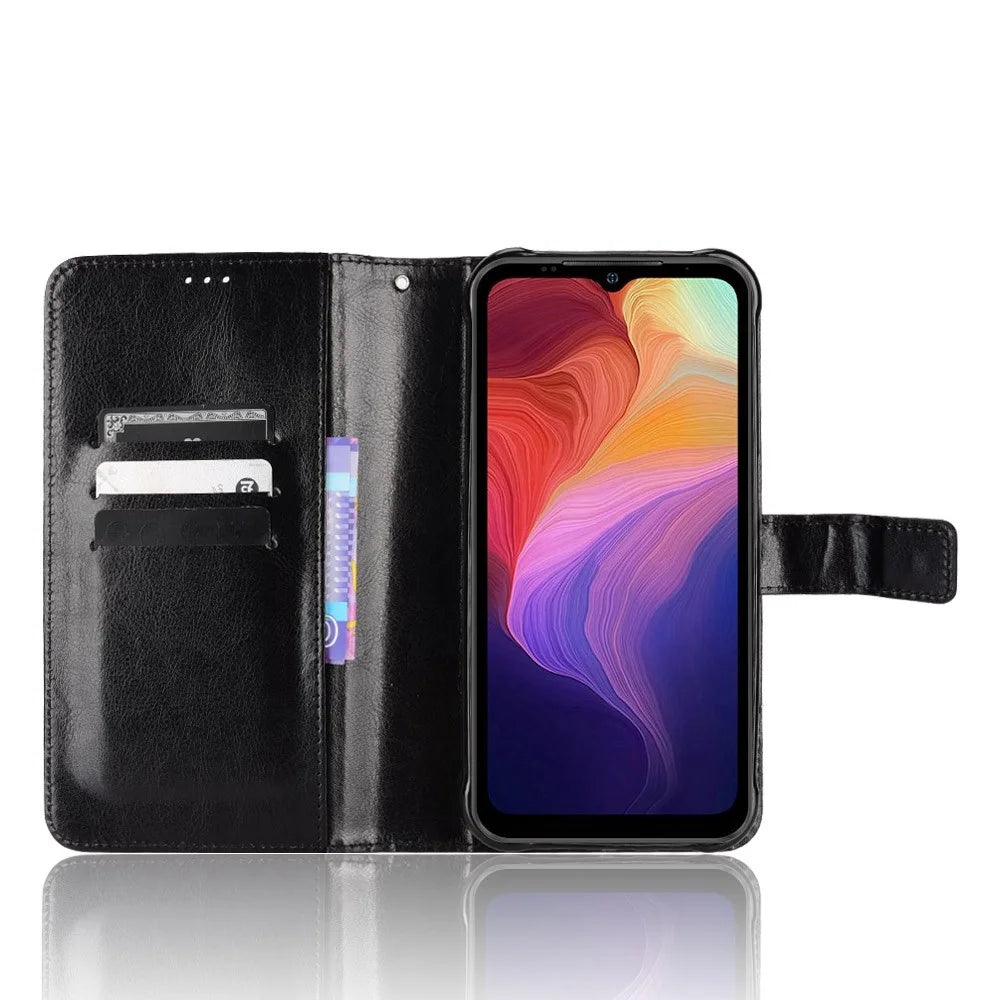 For Ulefone Power Armor 14 4G/14 Pro 4GPU Leather Book Wallet Case Crazy Horse Texture Magnetic Buckle Stand Phone Cover with Strap - Black - 3