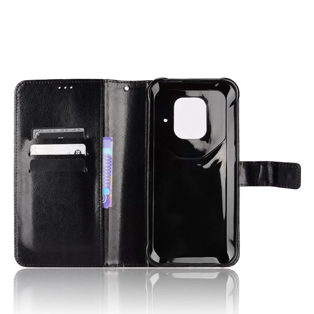 For Ulefone Power Armor 14 4G/14 Pro 4GPU Leather Book Wallet Case Crazy Horse Texture Magnetic Buckle Stand Phone Cover with Strap - Black - 7