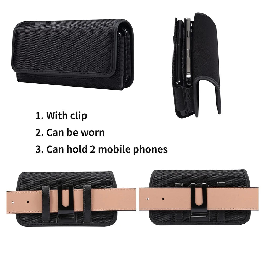 For 6.7-6.9-inch Horizontal Carrying Phone Pouch Waist Case Belt Loop Clip Holster with Dual Phone Slots + Card Slots - 6