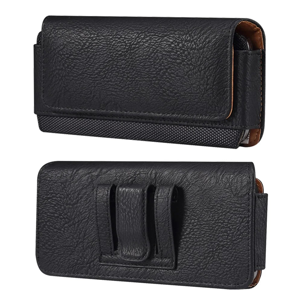 Horizontal Cowhide Texture PU Leather+Nylon Phone Belt Bag for 4.7-5.4" Smartphone Waist Pouch - Black - 1