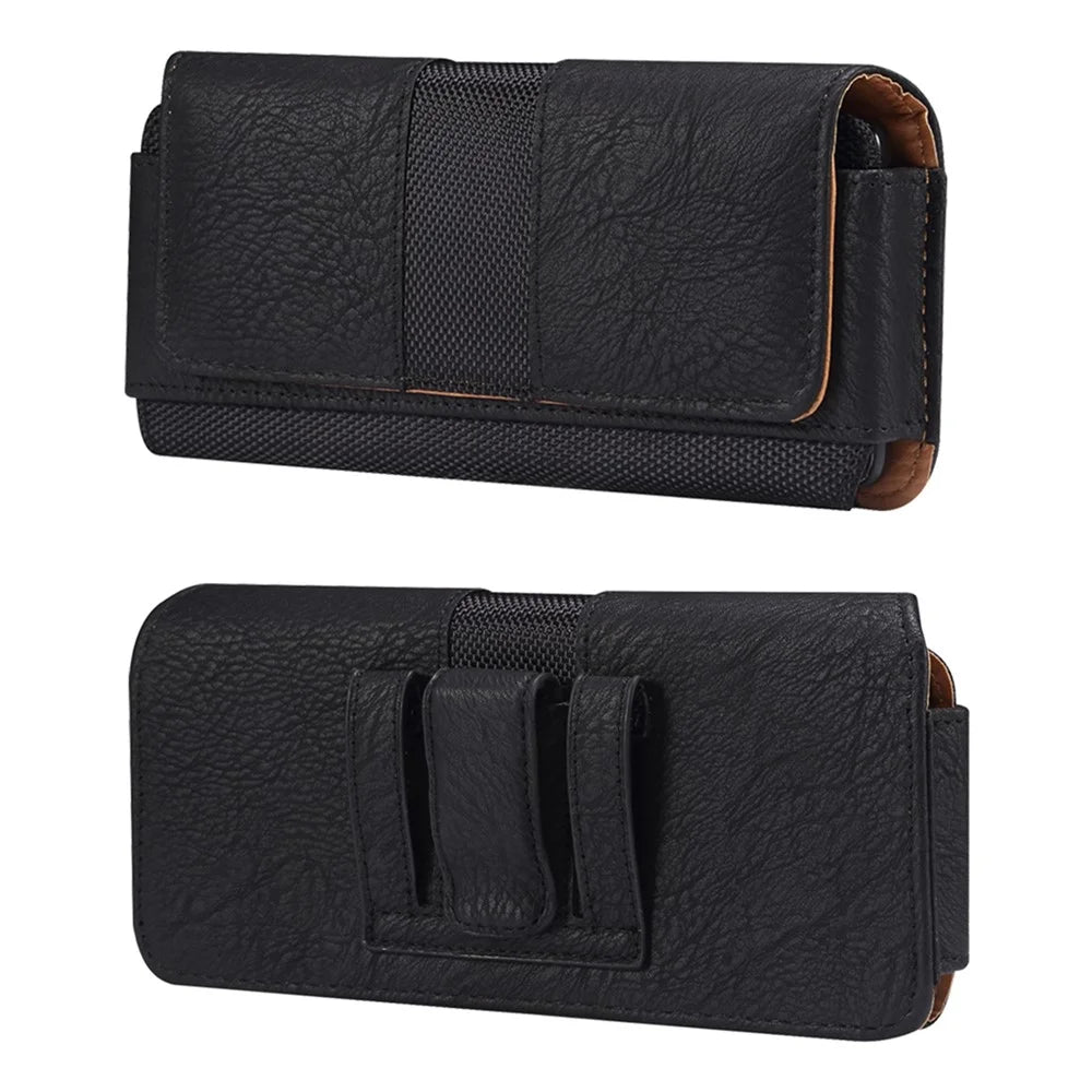 Cowhide Texture PU Leather+Nylon Phone Belt Bag for 6.7-6.9" Cell Phone Horizontal Splicing Waist Pouch - Black - 1