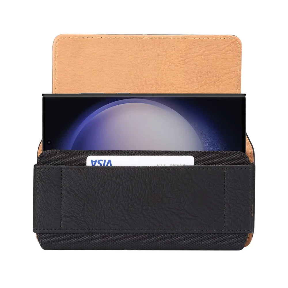 Cowhide Texture PU Leather+Nylon Phone Belt Bag for 6.7-6.9" Cell Phone Horizontal Splicing Waist Pouch - Black - 3